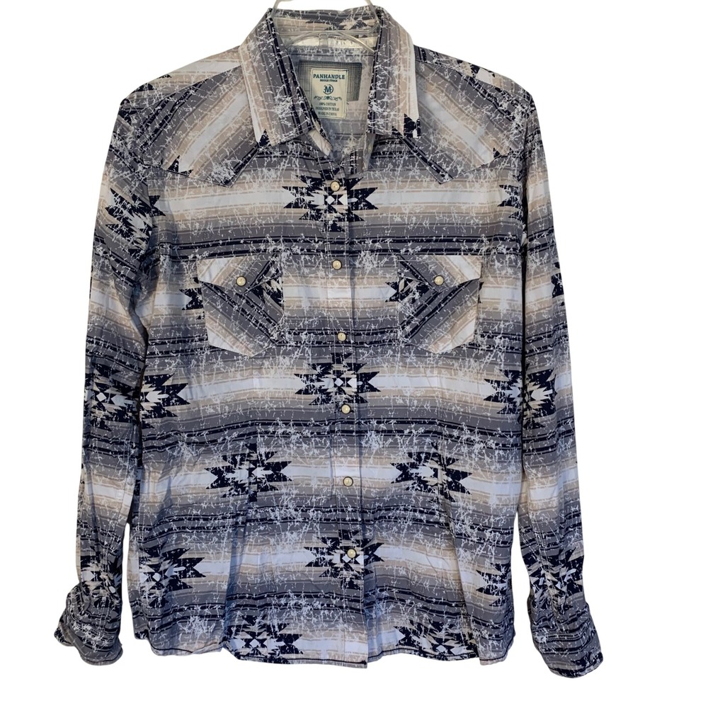 Panhandle Rough Stock Mens Medium Aztec Print‎ Western Pearl Snap Shirt